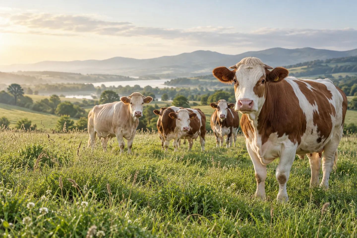 Healthy cattle in a sunlit green pasture