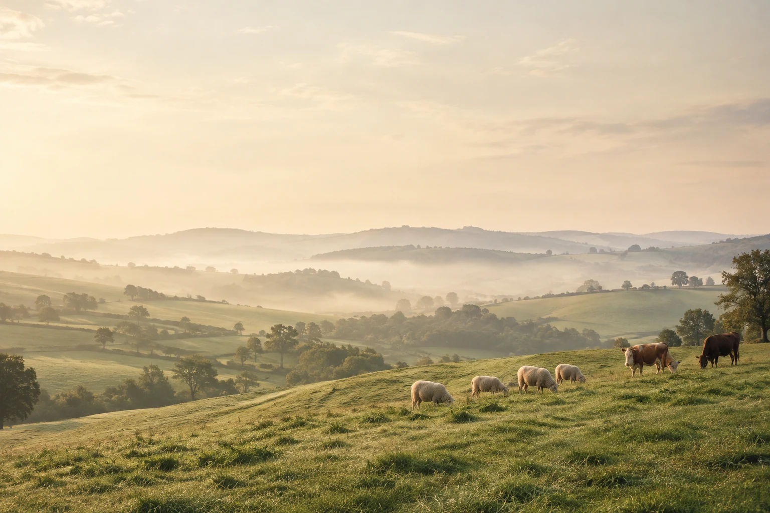 Livestock grazing across green farmland