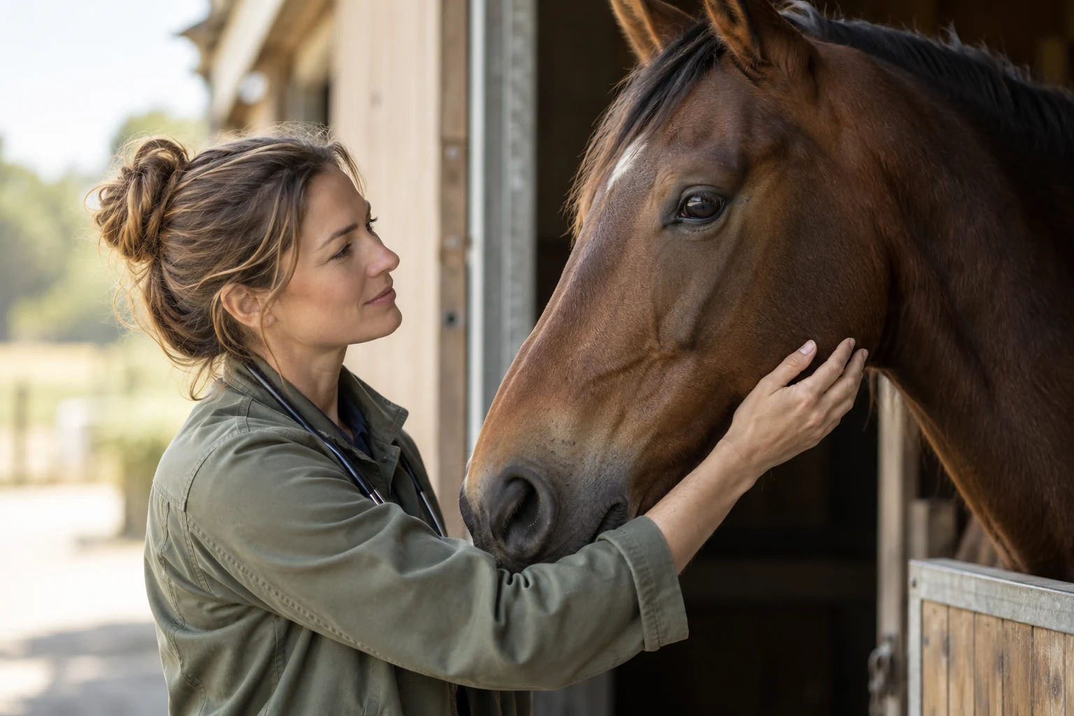 A veterinarian examining a horse at a stable